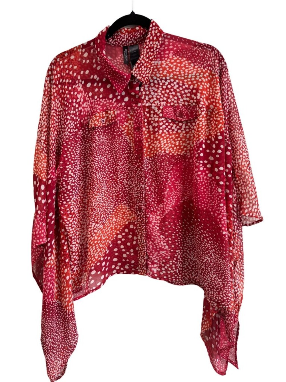 Bisou Bisou Womens Sheer Red & Orange Polka Dot Blouse Asymmetrical Hem XL
